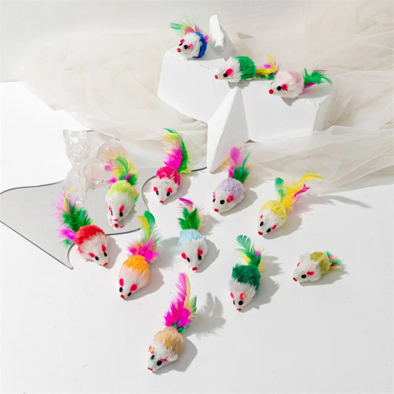 Rabbit Fur Mice Cat Toys with Feather Tail